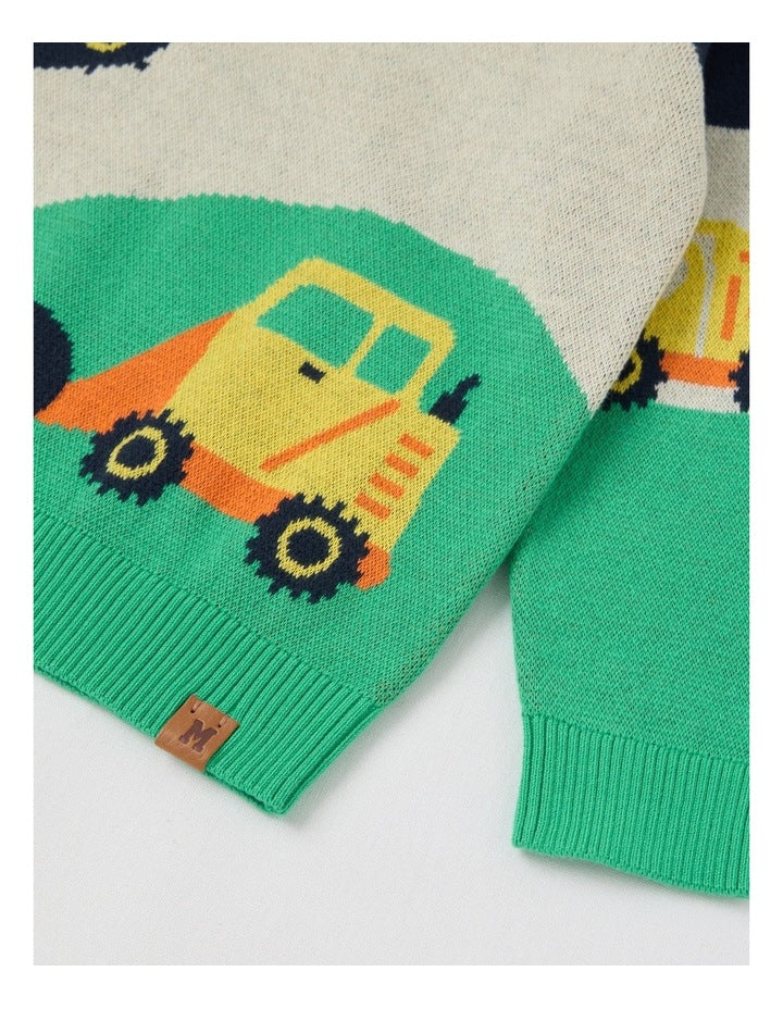Knitted Jacquard Crew Neck Jumper in Diggers Green & Navy