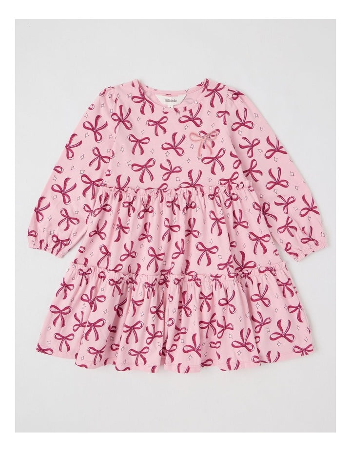 Long Sleeve Tiered Dress with Sequin Bows in Pink