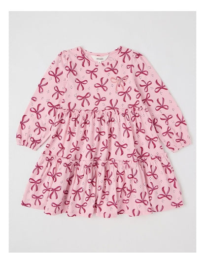 Long Sleeve Tiered Dress with Sequin Bows in Pink