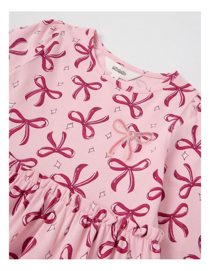 Long Sleeve Tiered Dress with Sequin Bows in Pink