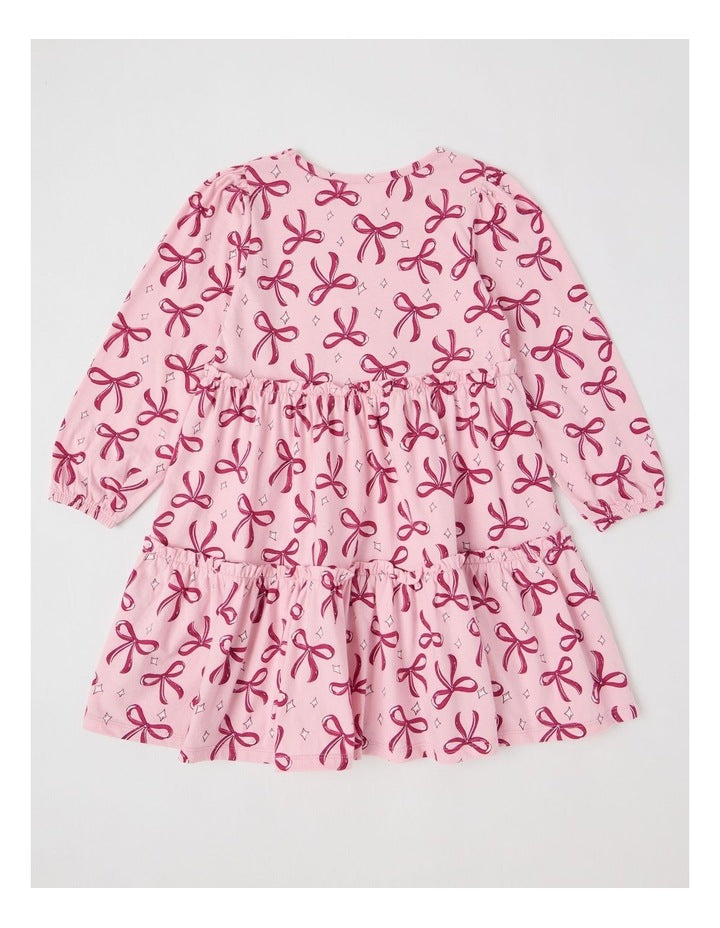 Long Sleeve Tiered Dress with Sequin Bows in Pink