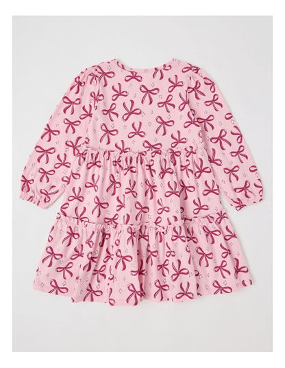 Long Sleeve Tiered Dress with Sequin Bows in Pink