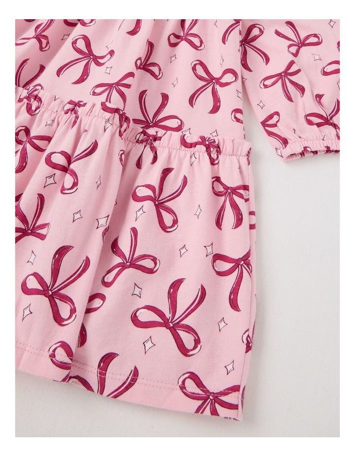 Long Sleeve Tiered Dress with Sequin Bows in Pink