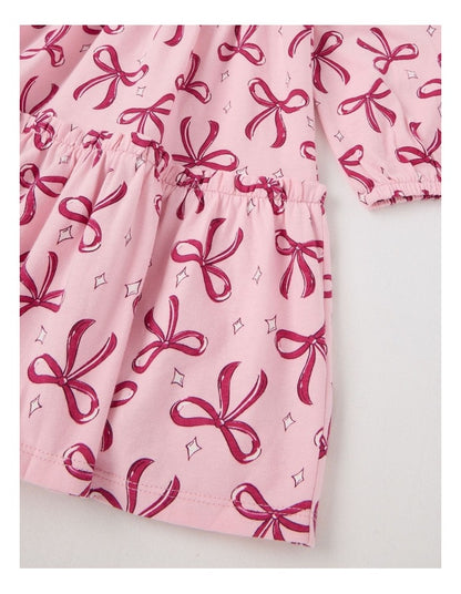 Long Sleeve Tiered Dress with Sequin Bows in Pink