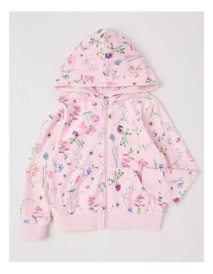 Velour Zip Thru Hoodie in Pink Floral