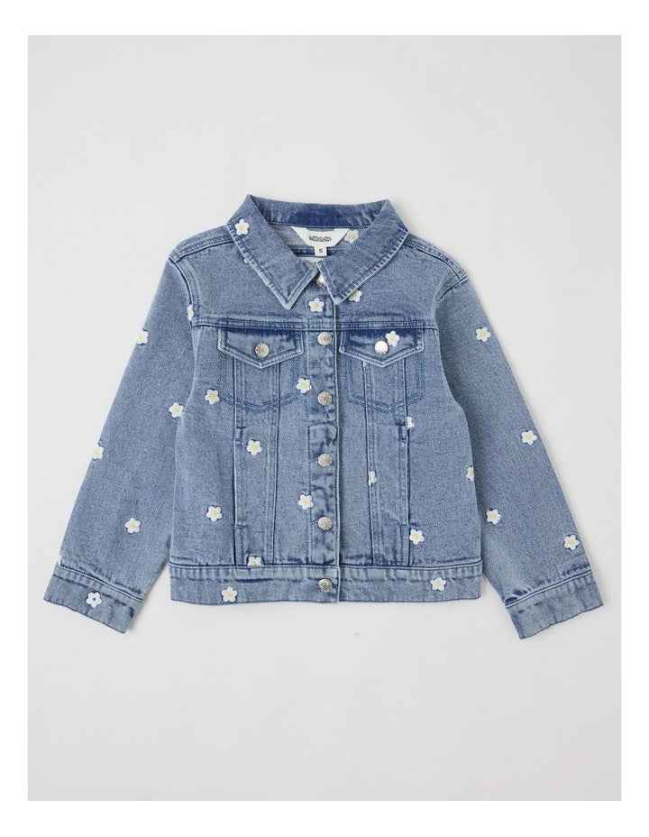 Denim Jacket with Daisy Embroidery in Mid Denim