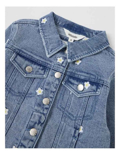 Denim Jacket with Daisy Embroidery in Mid Denim