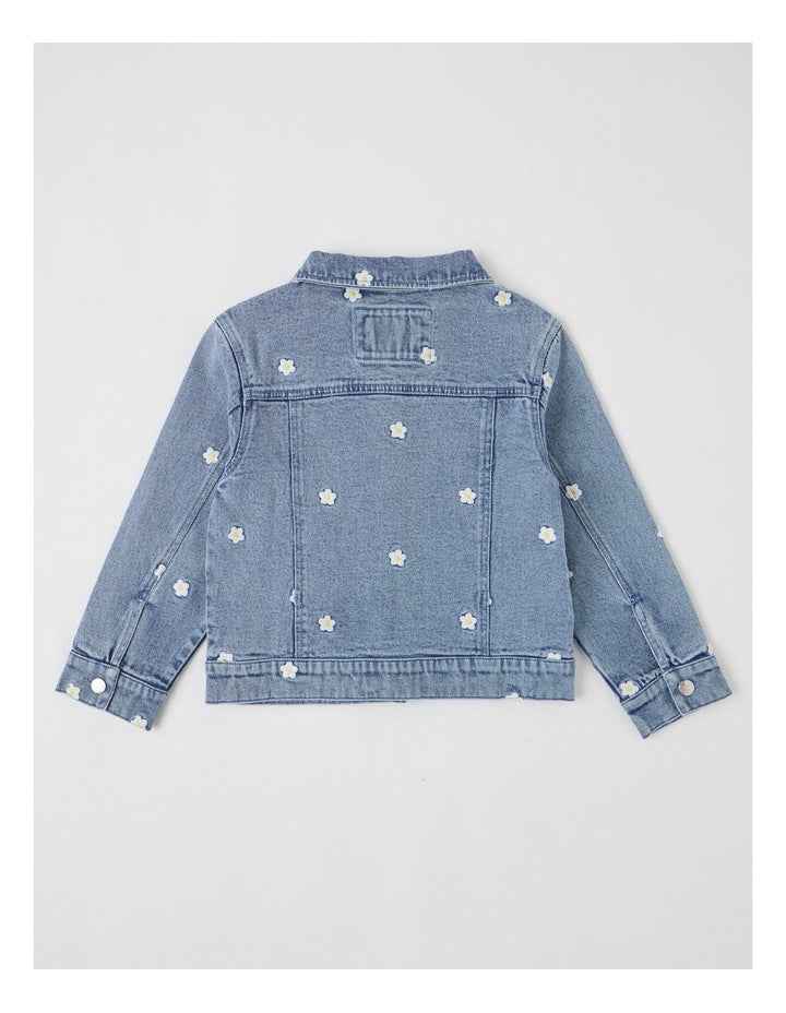 Denim Jacket with Daisy Embroidery in Mid Denim