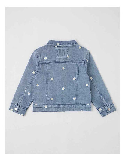 Denim Jacket with Daisy Embroidery in Mid Denim