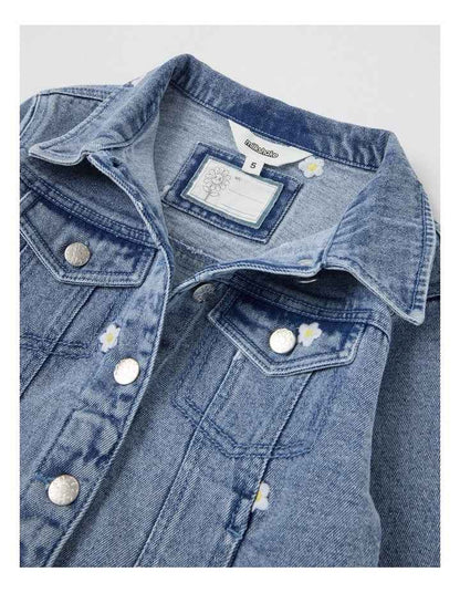 Denim Jacket with Daisy Embroidery in Mid Denim