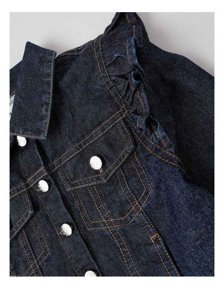 Denim Jacket with Ruffle Shoulder in Glitter Denim
