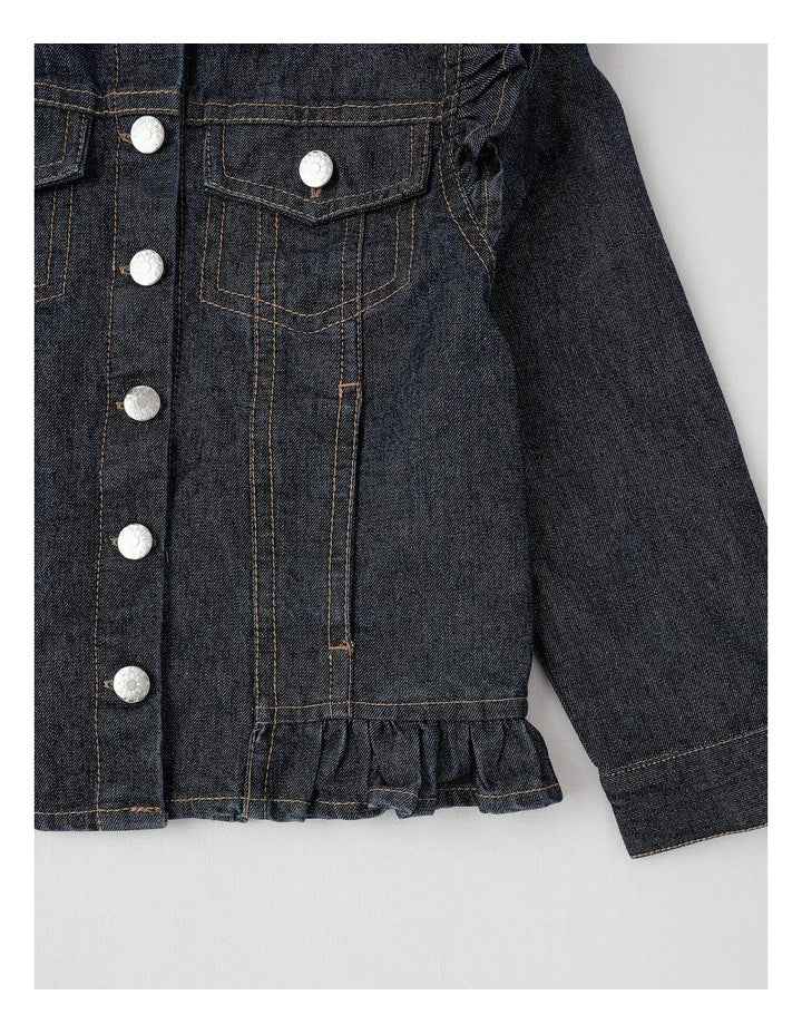 Denim Jacket with Ruffle Shoulder in Glitter Denim