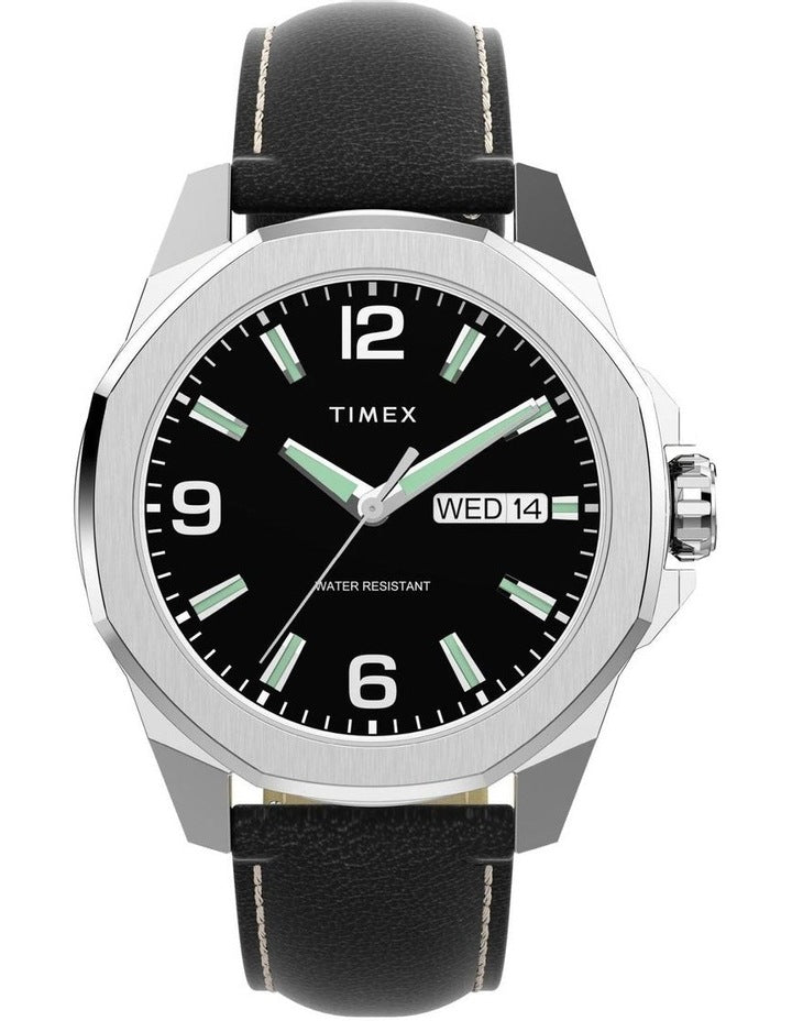 Essex Day & Date 46mm Leather Strap Watch in Black