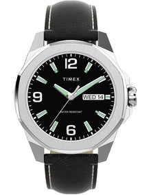 Essex Day & Date 46mm Leather Strap Watch in Black