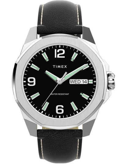 Essex Day & Date 46mm Leather Strap Watch in Black