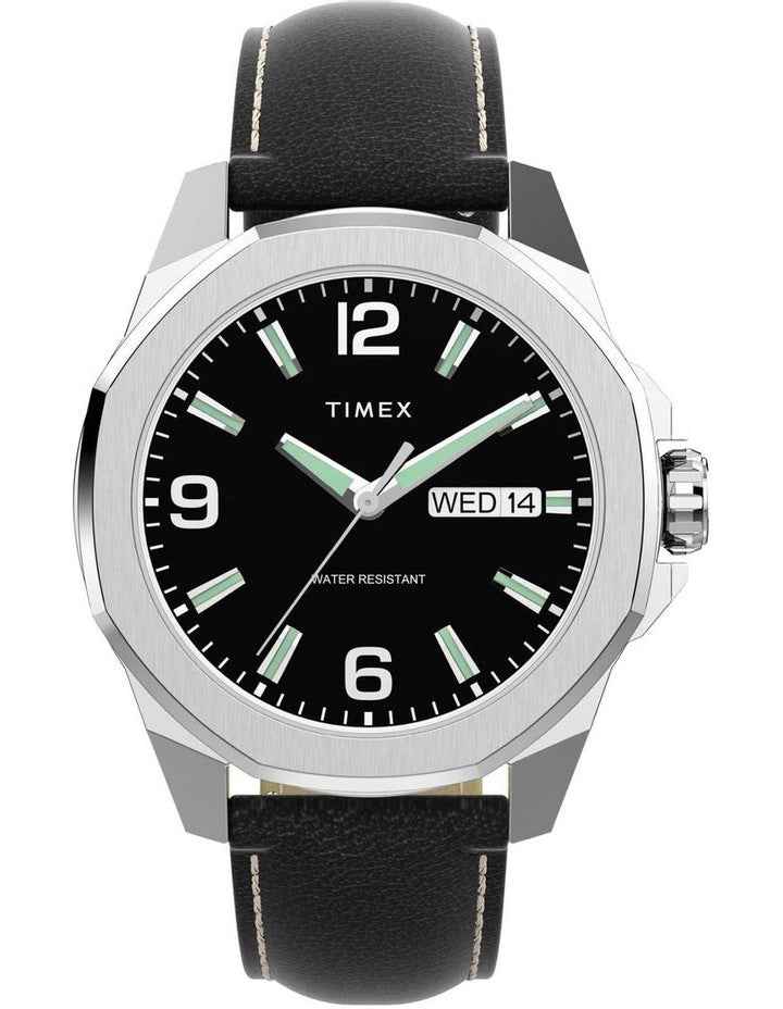 Essex Day & Date 46mm Leather Strap Watch in Black