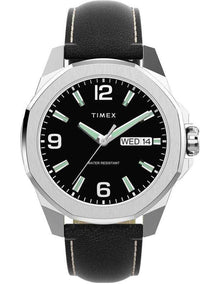 Essex Day & Date 46mm Leather Strap Watch in Black