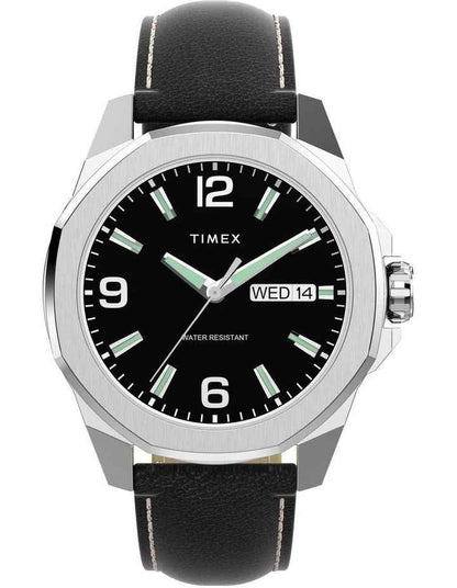 Essex Day & Date 46mm Leather Strap Watch in Black