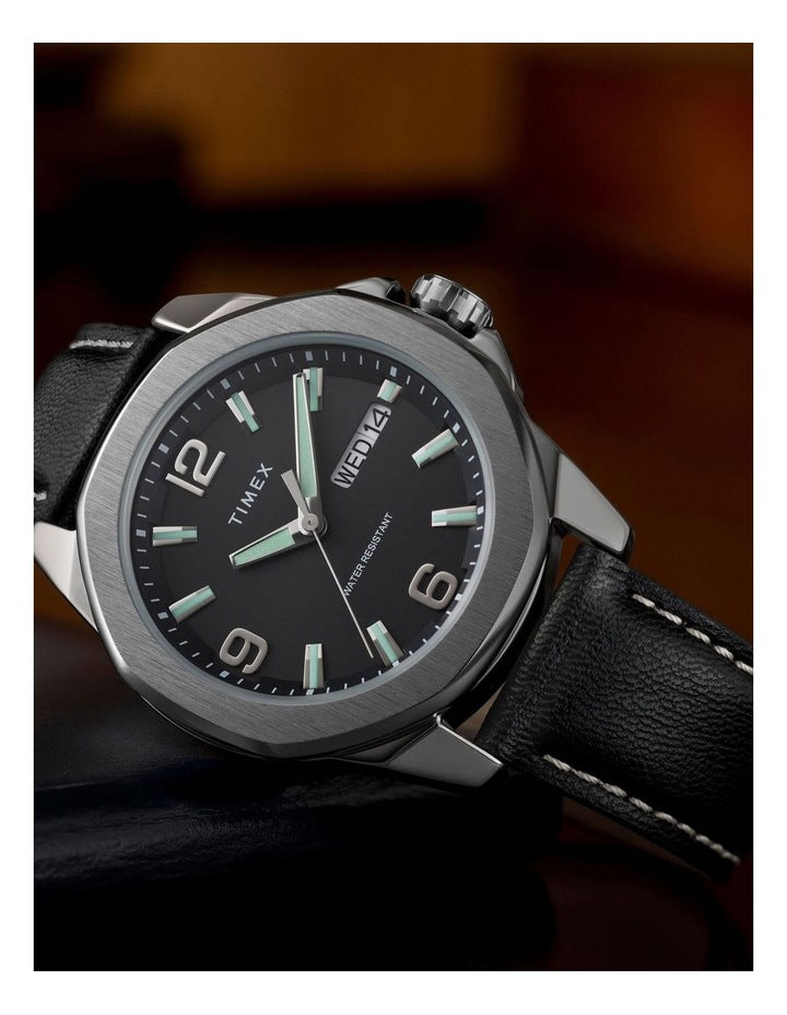Essex Day & Date 46mm Leather Strap Watch in Black