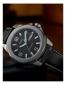 Essex Day & Date 46mm Leather Strap Watch in Black