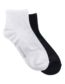 2 Pack Bamboo Metallic Rib Quarter Crew Socks in White/Black