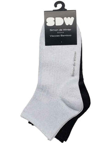 2 Pack Bamboo Metallic Rib Quarter Crew Socks in White/Black