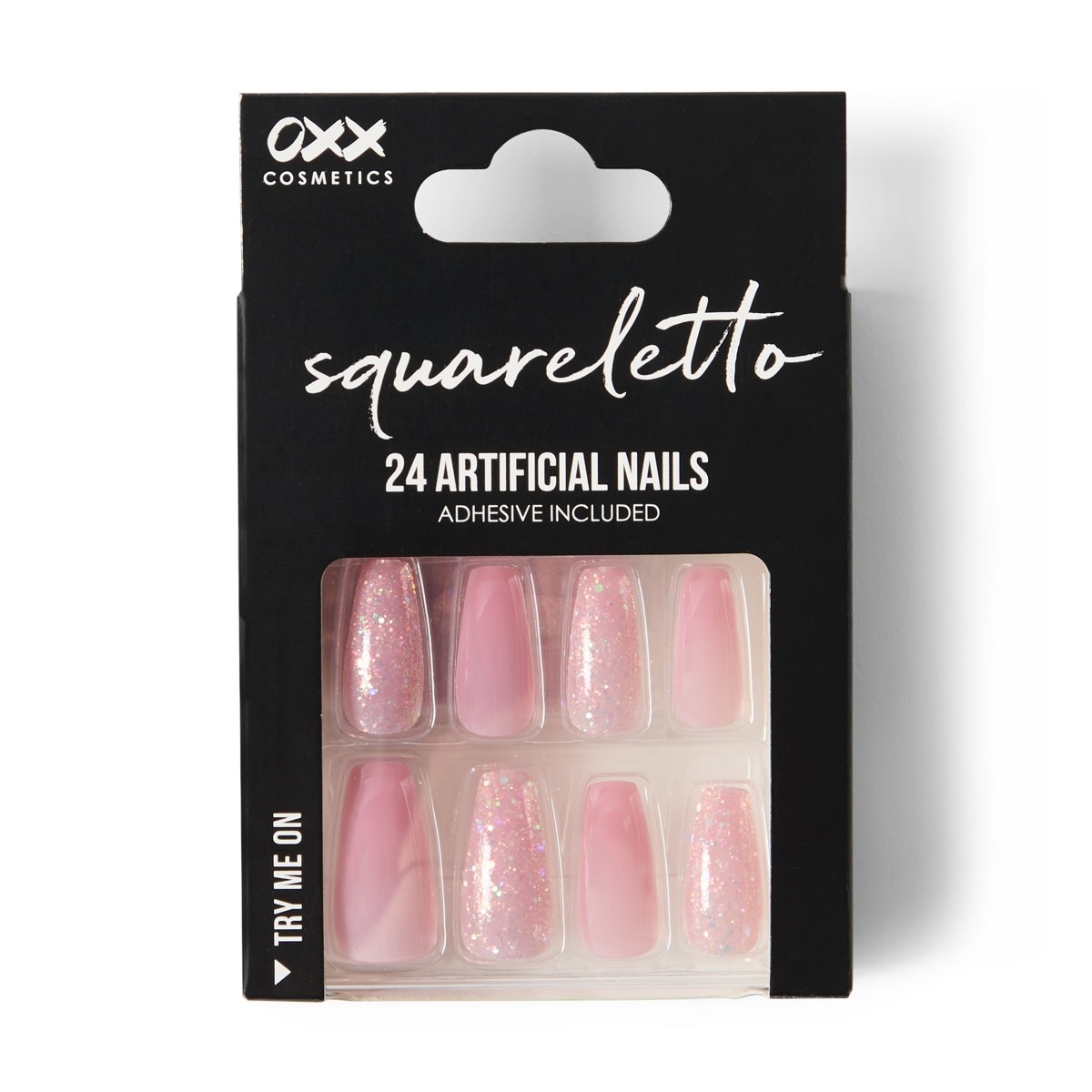 OXX Cosmetics 24 Pack Artificial Nails with Adhesive - Squareletto Shape, Pink Glitter