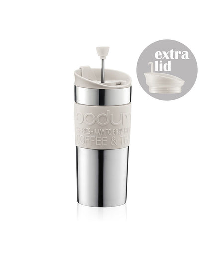 TRAVEL PRESS SET COFFEE MAKER W EXTRA LID 350ML SS WHITE
