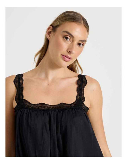 Divine Cotton & Lace Long Chemise in Black
