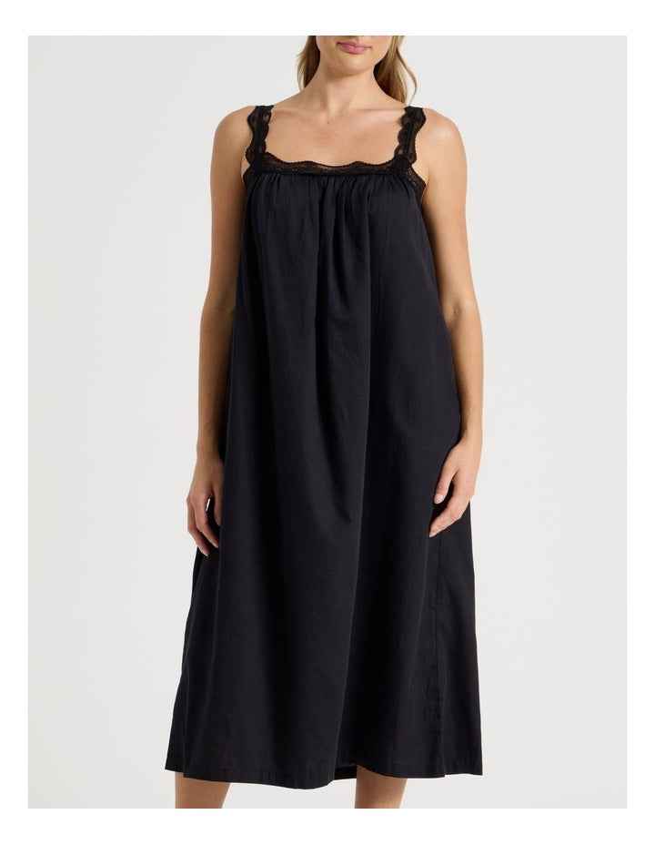 Divine Cotton & Lace Long Chemise in Black