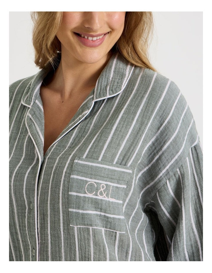 Divine Cheesecloth Oversized Night Shirt in Olive Stripe