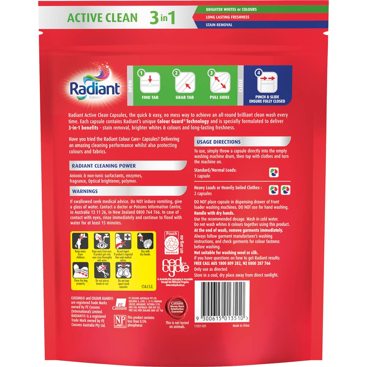 Radiant Active Clean Laundry Capsules 3-In-1 Washing Detergent 45 Pack