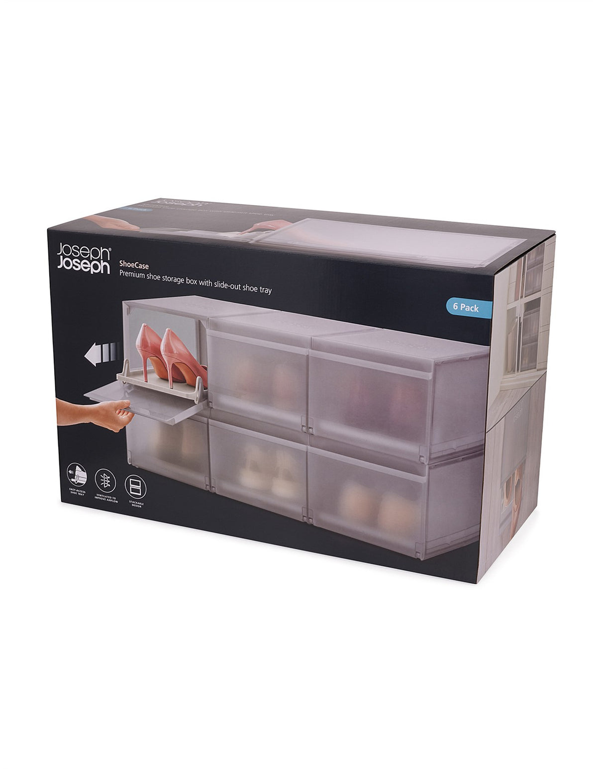 ShoeCase 37.5cm x 27.9cm x 21.7cm Set of 6 Stackable Shoe Storage Boxes Grey