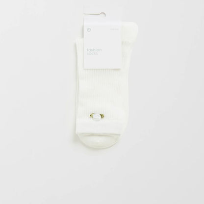 Australian Cotton Blend Rosette Trim Pointelle Crew Socks
