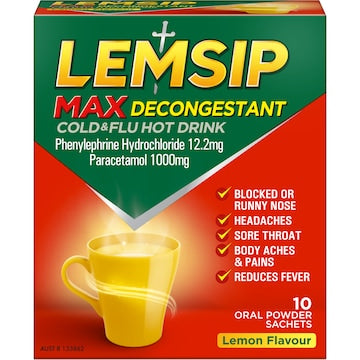 Lemsip Max Cold & Flu Hot Drink Lemon Decongestant With Paracetamol 10 pack