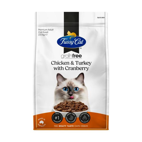 FUSSY CAT GRAIN FREE ADULT DRY CAT FOOD CHICKEN & TURKEY WITH CRANBERRY 2.5KG