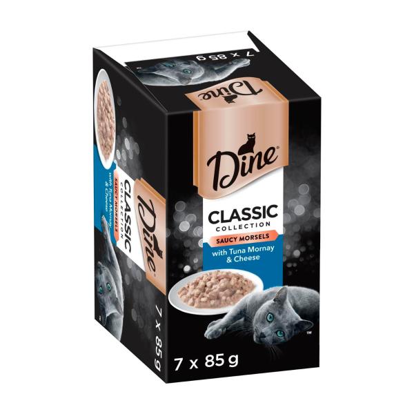 DINE CLASSIC COLLECTION ADULT WET CAT FOOD SAUCY MORSELS WITH TUNA & CHEESE 7X85G TRAYS