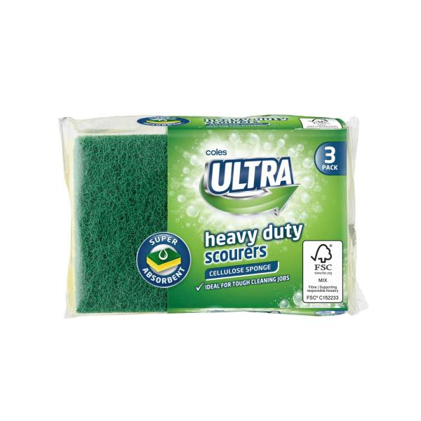 COLES ULTRA CELULOSE SCOURERS SPONGE HEAVY DUTY 3 PACK
