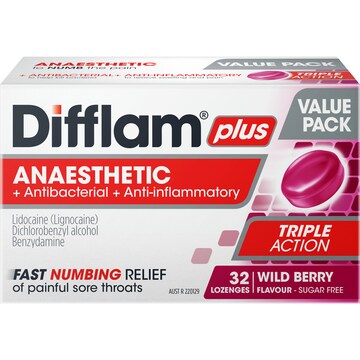 Difflam Plus Triple Action Wild Berry Flavour 32 pack