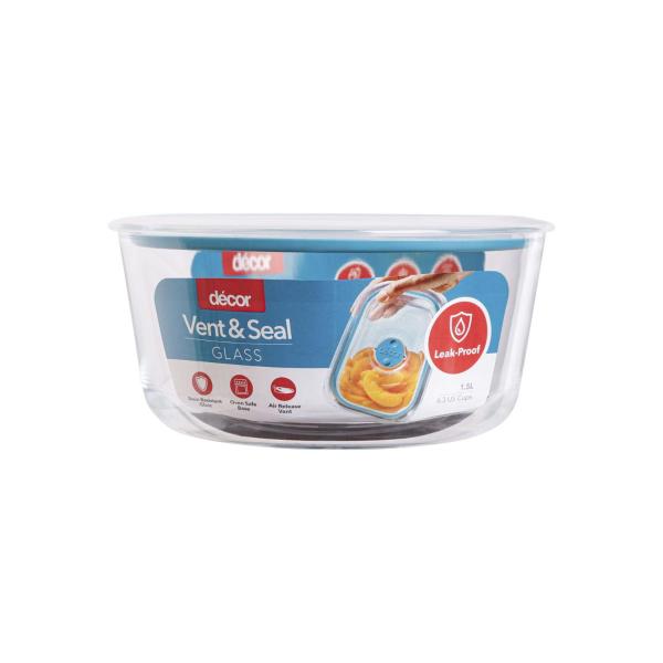 DECOR VENT & SEAL GLASS LEAK PROOF ROUND CONTAINER 1.5LITRE