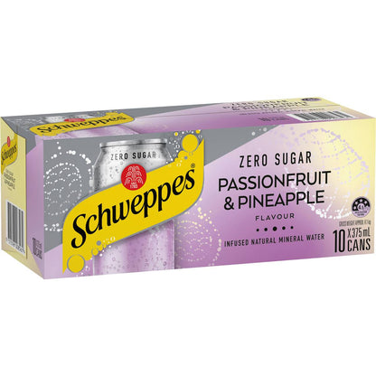 Schweppes Zero Sugar Passionfruit Pineapple Infused Water Cans 375ml x 10 Pack