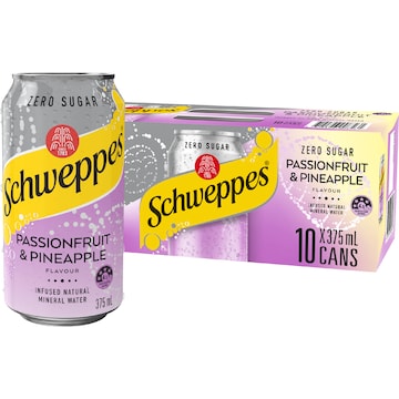 Schweppes Zero Sugar Sparkling Mineral Water Passionfruit Pineapple 375mL x 10 pack
