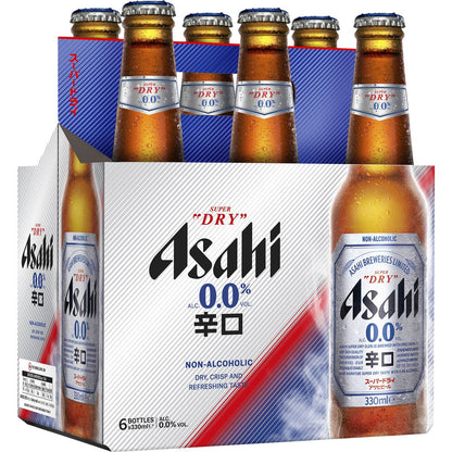 Asahi Super Dry 0% Non Alcoholic Beer Glass Bottles Multipack 330ml x 6 Pack