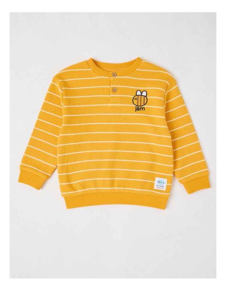 Albi Stripe Waffle Henley Tee with Bee Embroidery in Yellow