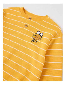 Albi Stripe Waffle Henley Tee with Bee Embroidery in Yellow