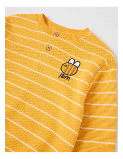 Albi Stripe Waffle Henley Tee with Bee Embroidery in Yellow