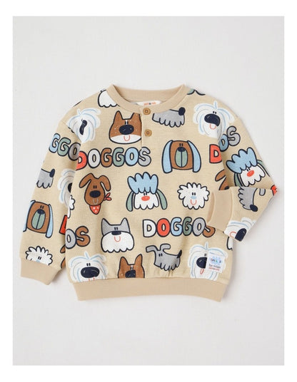 Kit Waffle Henley Tee with Lots Of Doggos Print in Light Brown