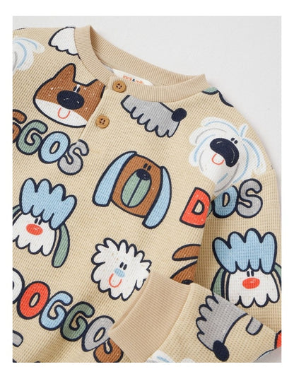 Kit Waffle Henley Tee with Lots Of Doggos Print in Light Brown