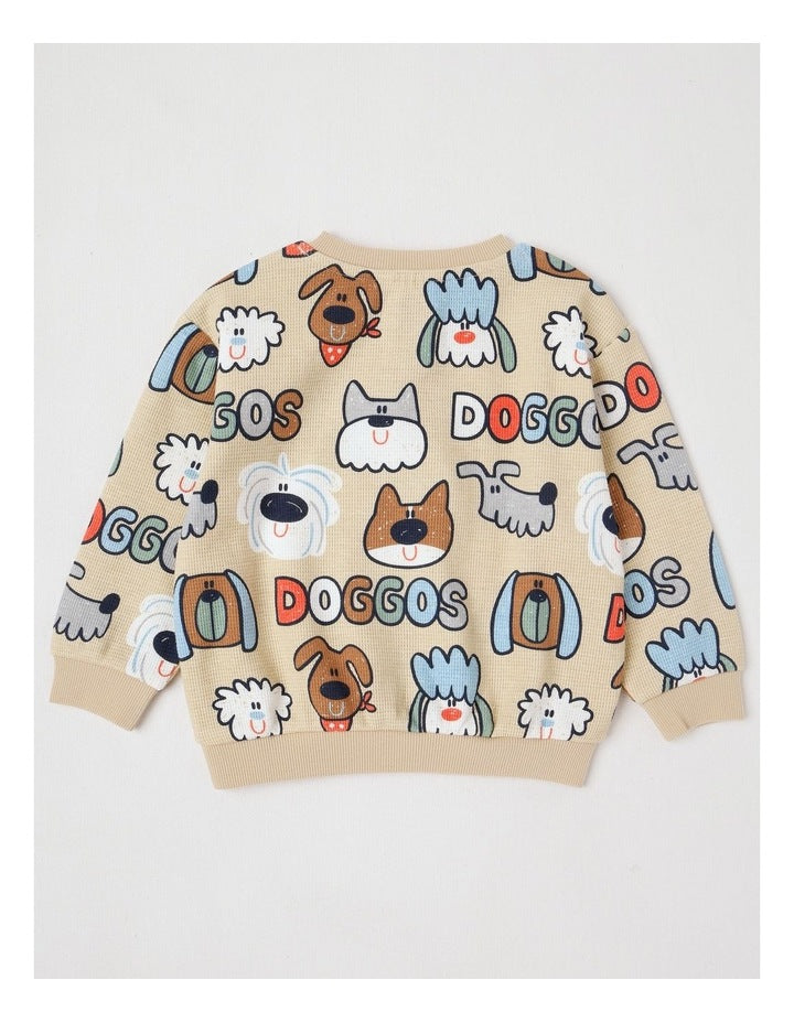 Kit Waffle Henley Tee with Lots Of Doggos Print in Light Brown
