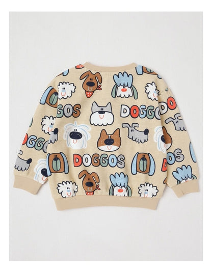 Kit Waffle Henley Tee with Lots Of Doggos Print in Light Brown